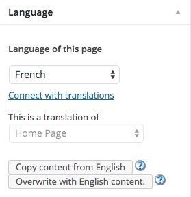 WPML Language Panel 2- Page is a translation of an English Page into French